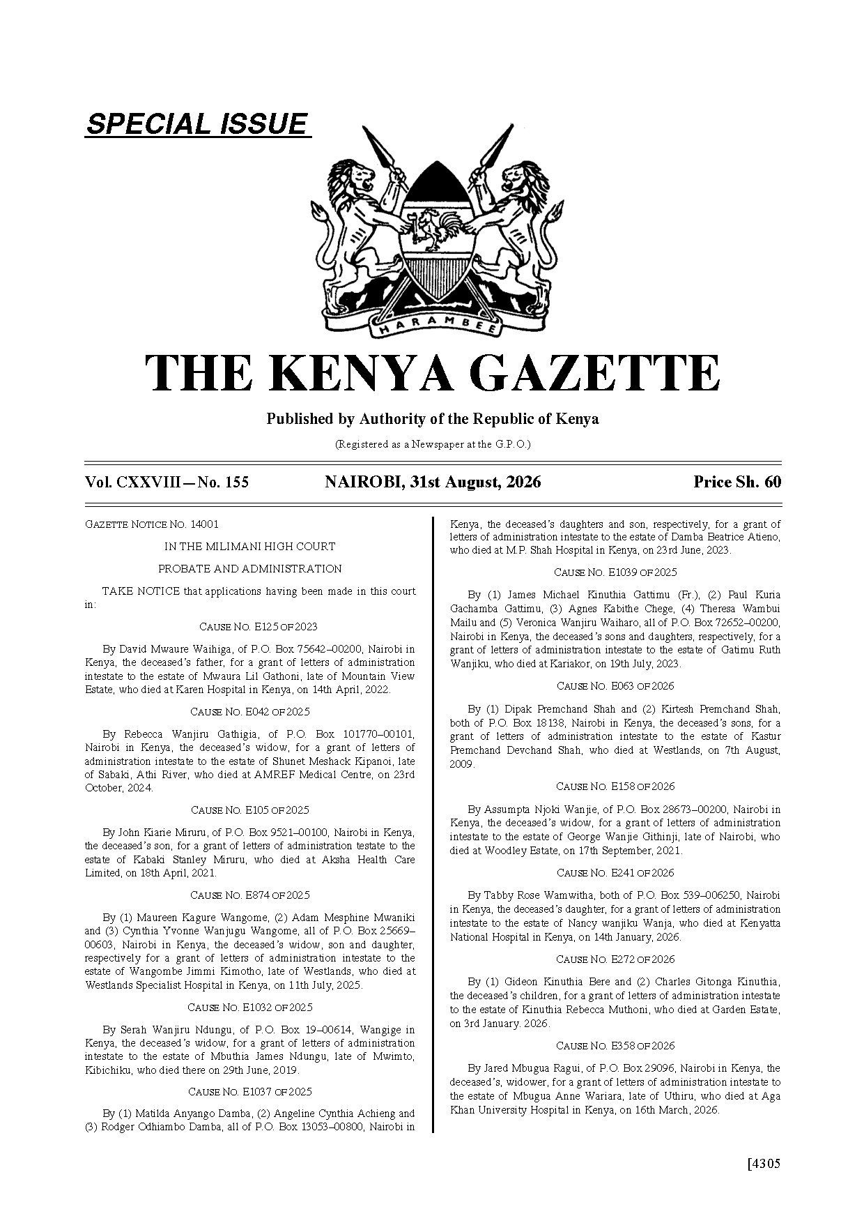 Kenya Gazette No. 155 — 31 August 2026