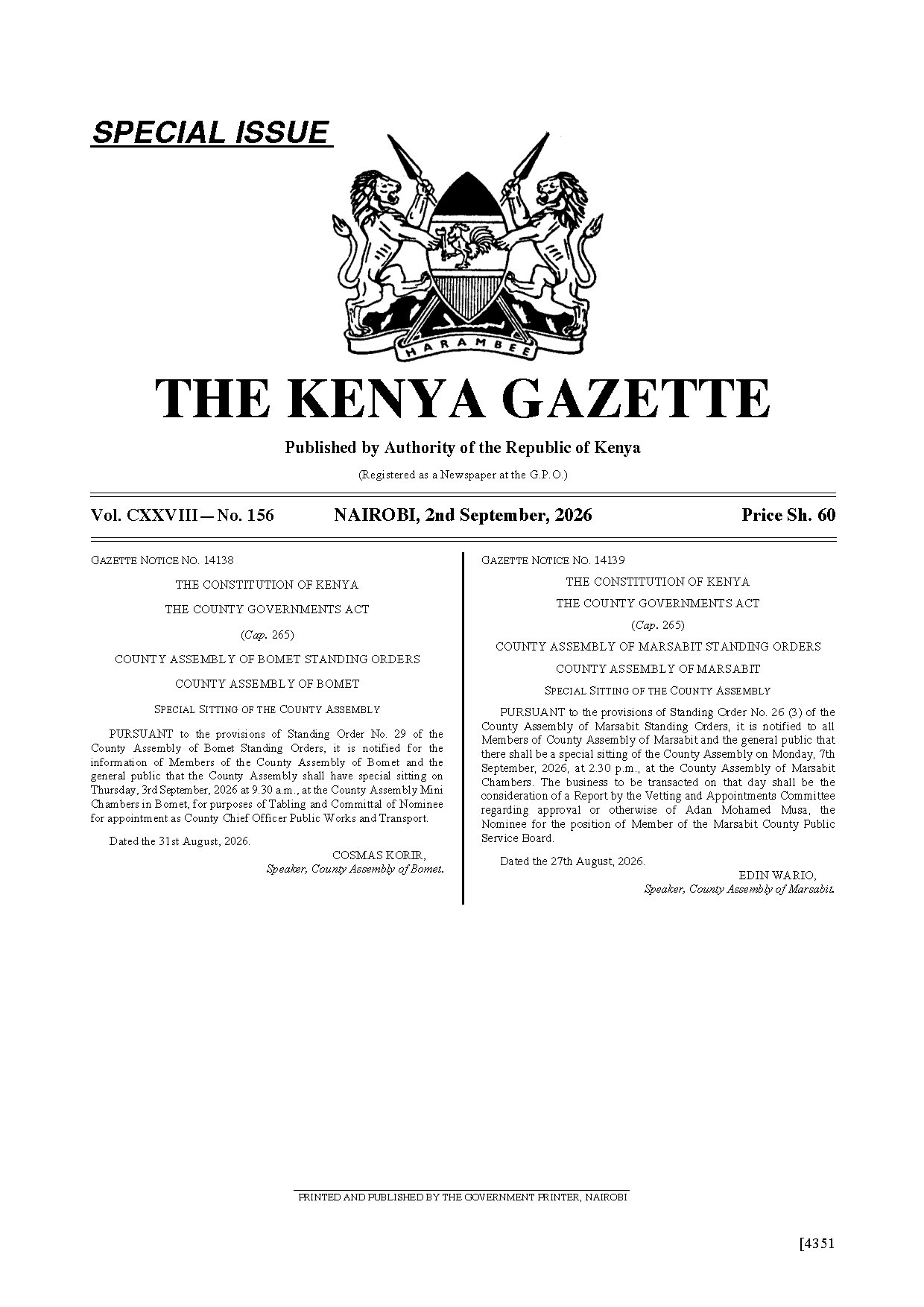 Kenya Gazette No. 156 — 02 September 2026