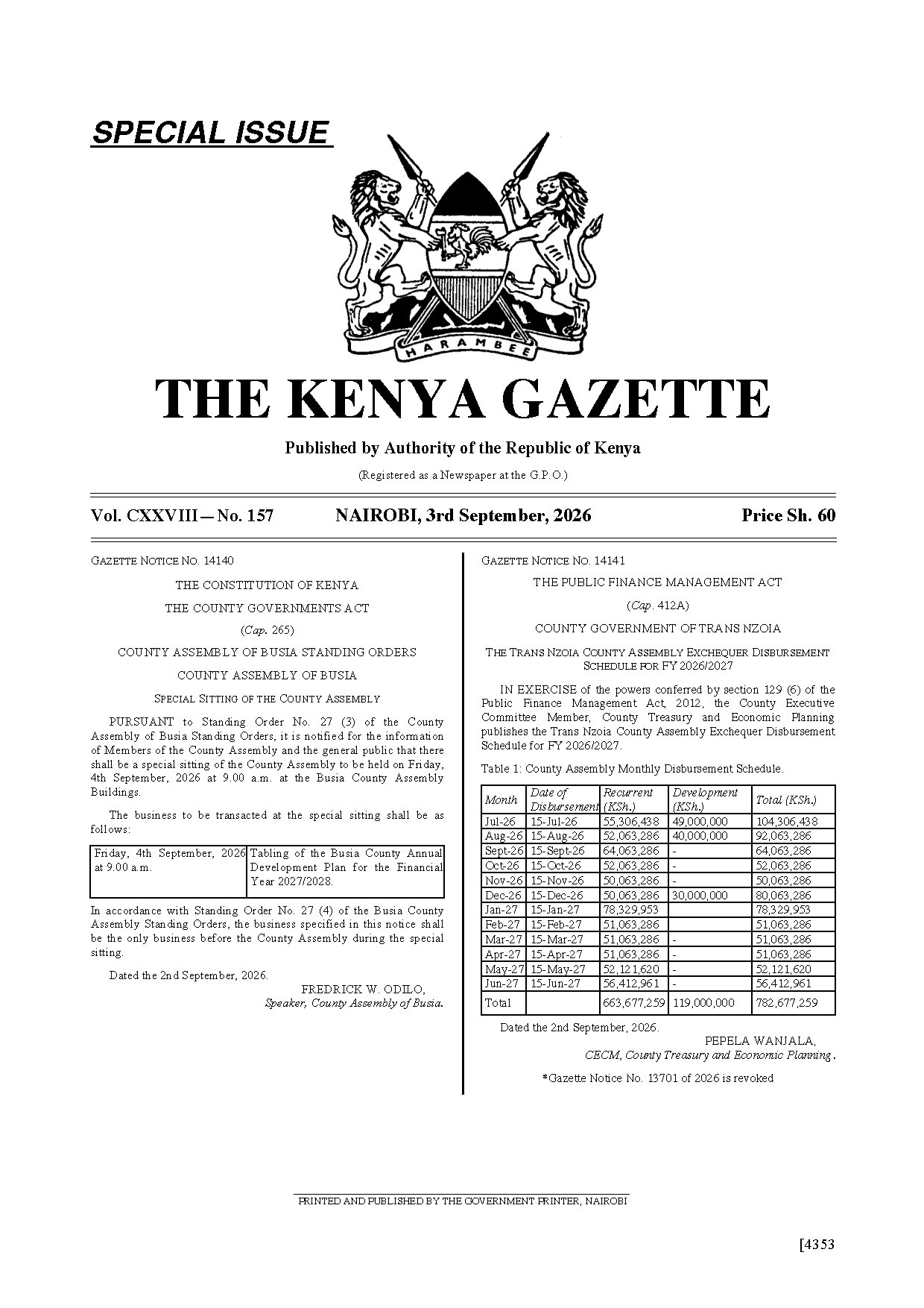 Kenya Gazette No. 157 — 03 September 2026