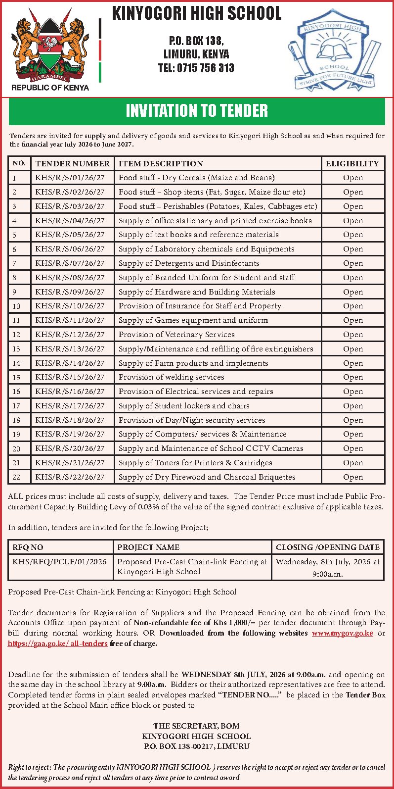 Kinyogori High School Tender Notice 2026