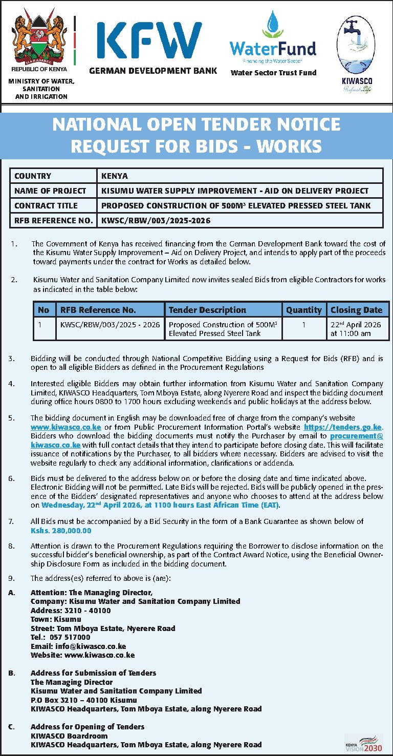 Kisumu Water Sanitation Company National Open Tender Notice for the Kisumu Water Supply Improvement-Aid On Delivery Project (Proposed Construction Of 500m3 Elevated Pressed Steel Tank)