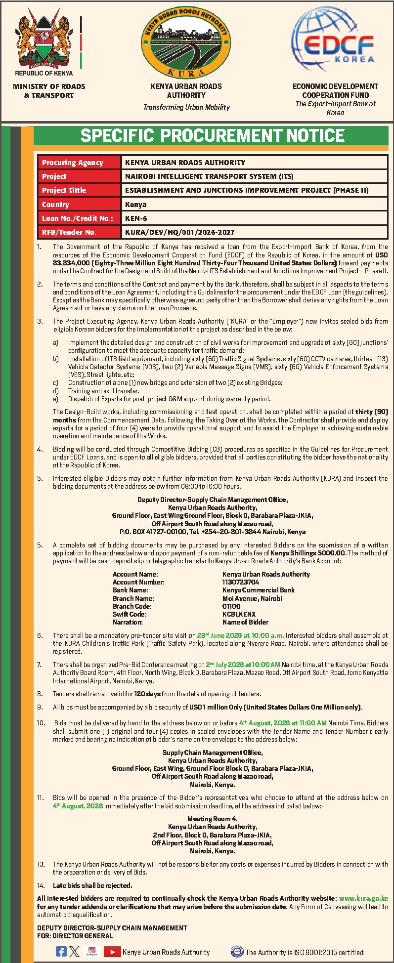 KURA Specific Procurement Notice Establishment And Junctions Improvement Project [PHASE II) - Kenya Urban Roads Authority (KURA)