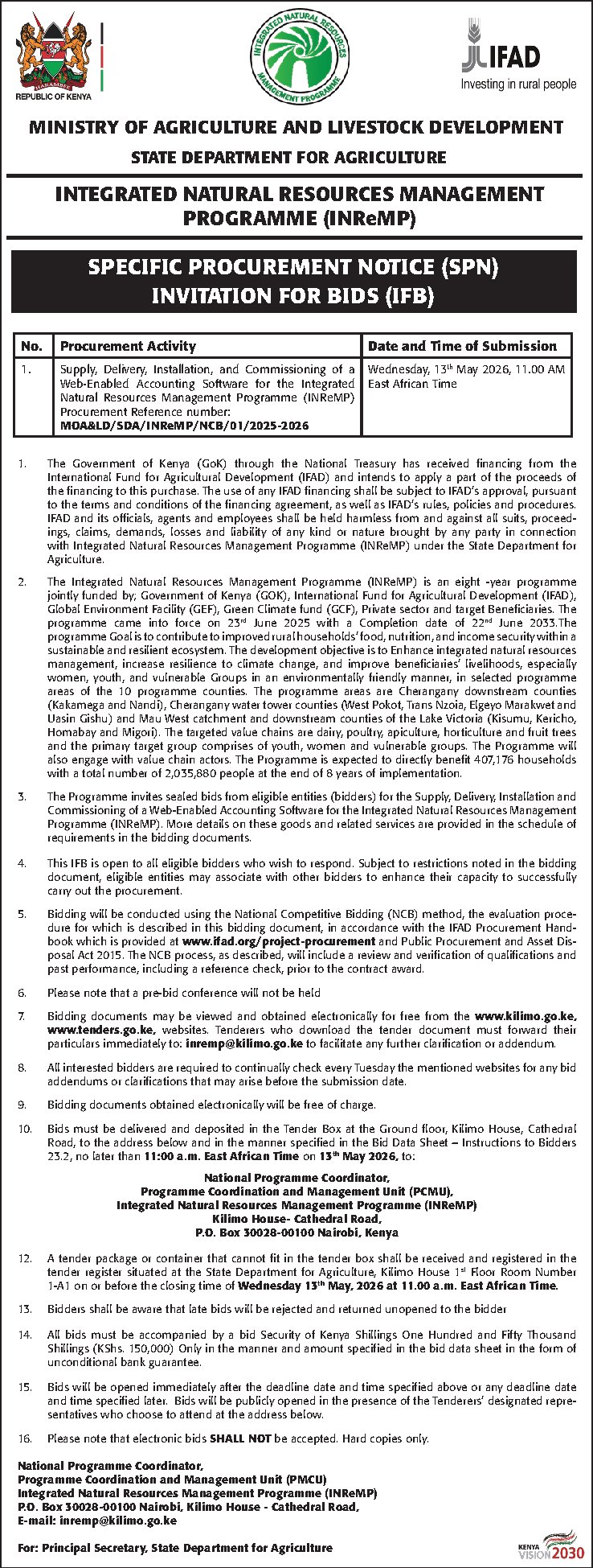 Specific Procurement Notice (SPN) Invitation For Bids (IFB) for Supply, Delivery, Installation, and Commissioning of a Web-Enabled Accounting Software for the Integrated Natural Resources Management Programme (INReMP) - Ministry of Agriculture and Livestock Development, State Department for Agricult