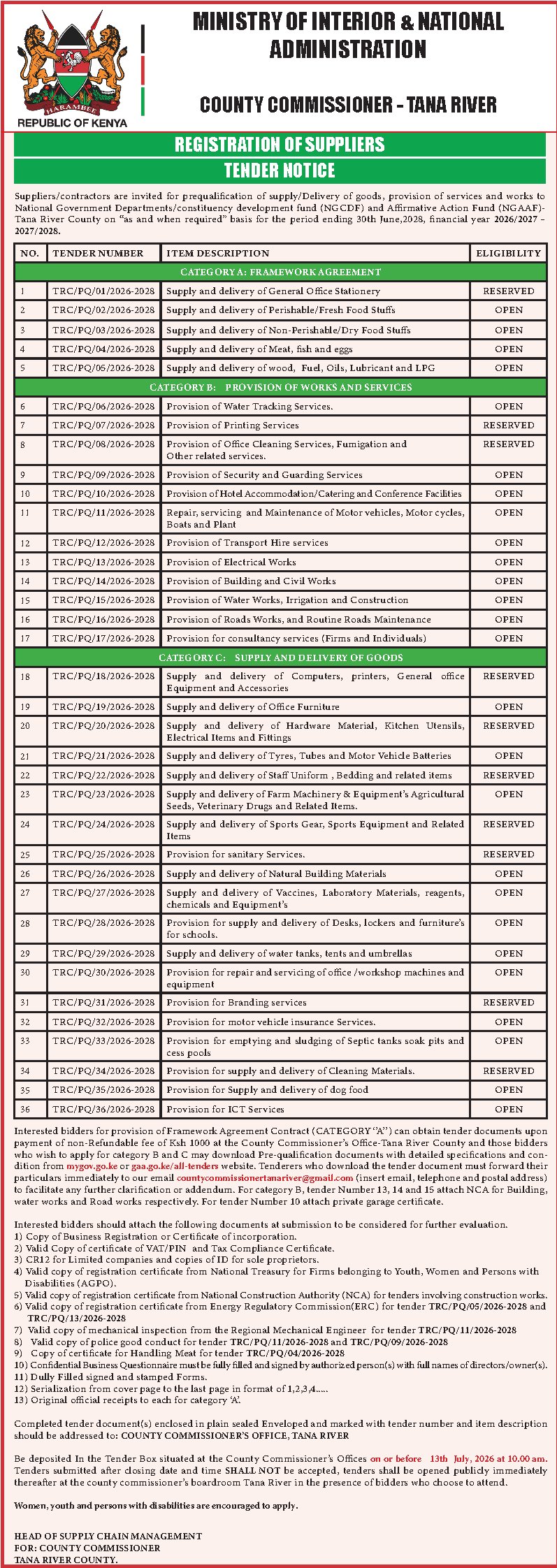 Tana River County Commissioner Tender Notice 2026